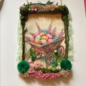 Easter Egg Cart Art Decor handcrafted border & extras moss flowers wall hanging